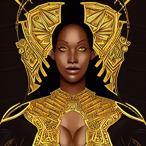 Image similar to Portrait of a beautiful black woman with symmetrical features, standing in gilded black and gold armour, full body, intricate detail, high fantasy, manga,