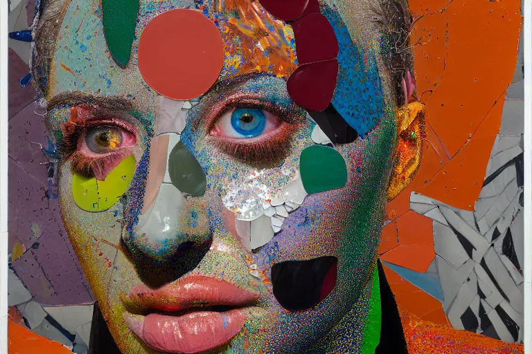 Image similar to portrait of a morphed mosaic painted harlequin sitting on a plastic garden chair looking into a screen doing makeup by james jean and luc tuymans and beeple and hernan bas and pat steir and hilma af klint, psychological, dripping paint, high quality render, masterpiece