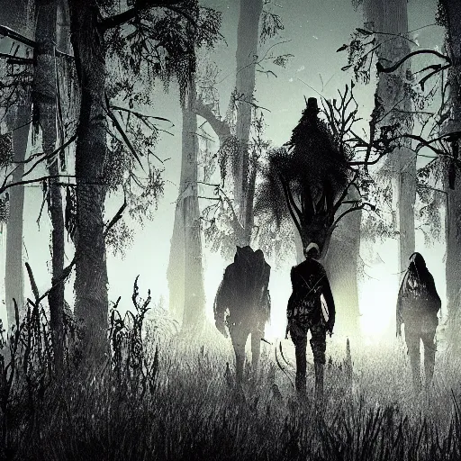 Image similar to hunters from hunt showdown walking through a swamp at night, full moon, vegetation, horror, back lighting, realistic details