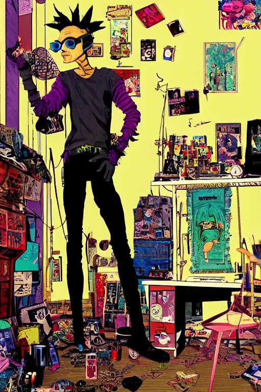 Prompt: a skinny goth guy standing in a cluttered 9 0 s bedroom by jamie hewlett, jamie hewlett art, full body character concept art, vaporwave colors, digital painting, hd, ultra hd, detailed, award winning, small details, artgerm art, sabas apterus art,