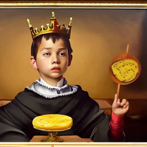 Image similar to a highly detailed oil painting of an 8 year old king ruling a cheese kingdom where everything is made from different types of cheese, surreal, 4 k, trending on art station, in the style of caravaggio and comic book style