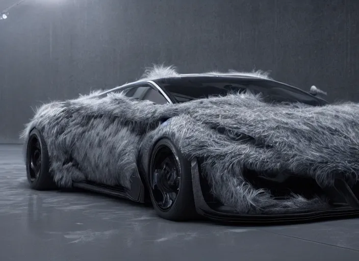 Image similar to hd wallpaper of a car made out of fur, octane render, 8 k, hyperrealistic, unreal 5, intricate detail, cinematic, studio lighting, concept art, trending on artstation