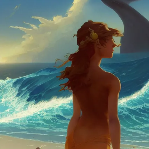 Image similar to close up of a beautiful girl on the horizon, looking at camera, model pose, slightly smiling, big wave, big whale fighting against sharks on the background, by peter mohrbacher and makoto shinkai and ferdinand knab
