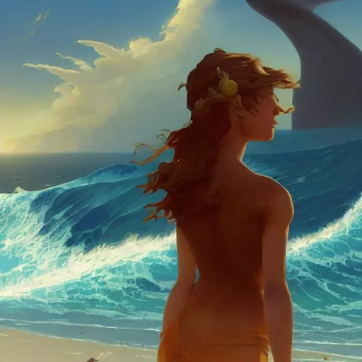 Prompt: close up of a beautiful girl on the horizon, looking at camera, model pose, slightly smiling, big wave, big whale fighting against sharks on the background, by peter mohrbacher and makoto shinkai and ferdinand knab