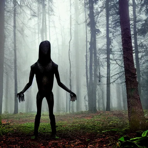 Image similar to a long shot of a ominous alien being standing in a forest, detailed, mythical, mist, depressing, tired, dark, lush, nature, mist, mystery, glows, somber, dismal, fog, heavy fog, dark lighting, rim light, glow, ambient light,