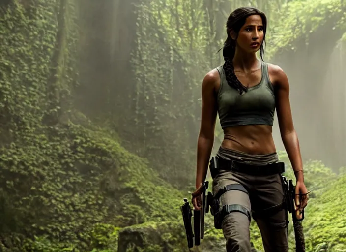 Image similar to film still of!!!! naomi scott!!! as lara croft in new tomb raider movie, 8 k