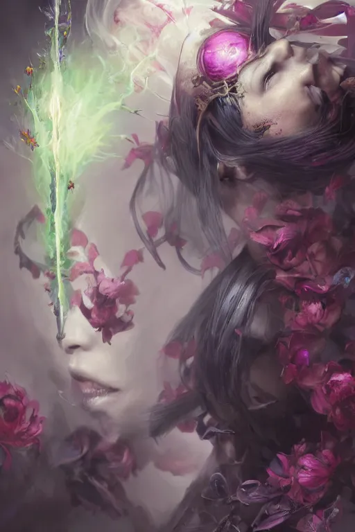 Image similar to face closeup of beautiful girl necromancer, witch - doctor exploding into flowers, angels, 3 d render, hyper - realistic detailed portrait, holding fire and electricity, ruan jia, wlop. scifi, fantasy, magic the gathering, hyper detailed, octane render, concept art, peter mohrbacher