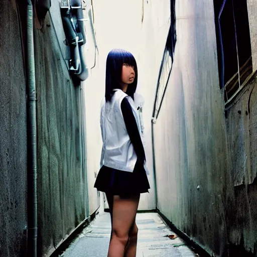 Image similar to 2000s perfect 8K HD professional photo of close-up japanese schoolgirl posing in sci-fi dystopian alleyway, at instagram, Behance, Adobe Lightroom, with instagram filters, depth of field, taken with polaroid kodak portra