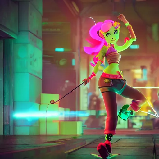 Prompt: a girl like (jinx, Princess peach), dancing, background jet ground radio, fullshot, raytrayced, octane render, epic composition, intricate details, hyperrealist, dark neon punk, by pixar