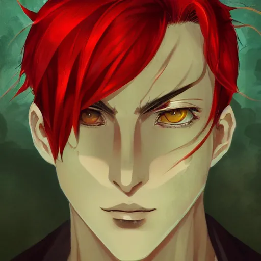 Prompt: headshot portrait of male anime character extremely sharp jaws slit yellow eyes medium length red hair inspired by tom hiddleston senyum palsu karakter anime by anato finnstark, tom bagshaw, brom