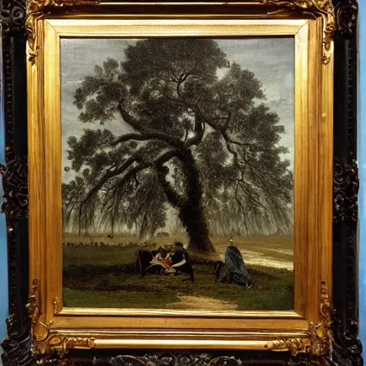 Prompt: huge tree with a lot of hanged bodies, southern gothic art, 1 9 th century scene, painted by friedrich caspar david