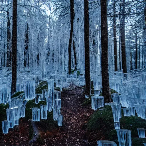 Prompt: professional photograph of a forest made of ice, high quality, cinematic lighting, hd, 4 k, 8 k