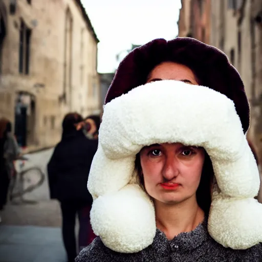 Prompt: face portrait, woman age 2 0 in a puffy sheep costume, outside, backstage theatre, street photography by steve mccurry, 5 0 mm f / 1. 4