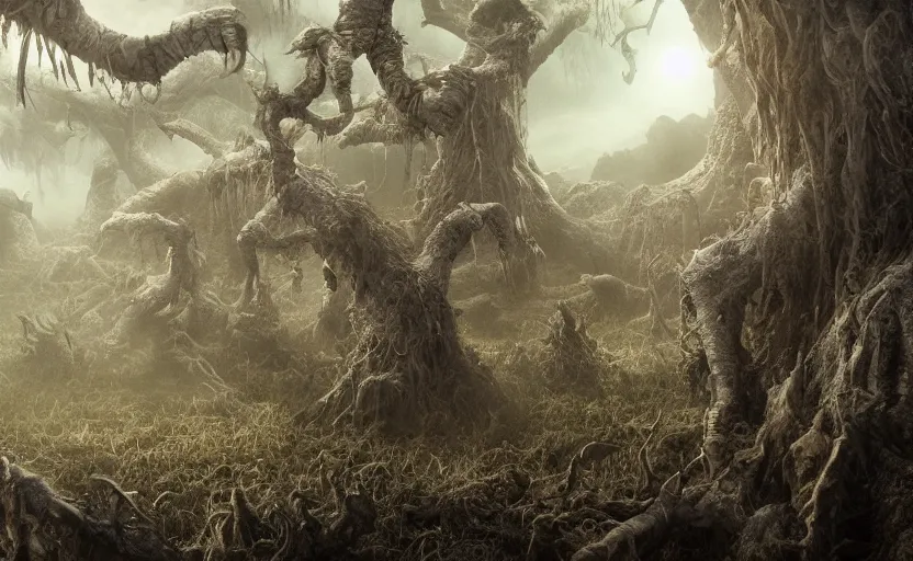 Image similar to the underworld, or the great willow, was a place of a mid - size and great terror filled with a wide range of beings, including spirits, the undead, humanoids and savage guardians., close up bokeh hiperrealistic, high detailled, darkness dramatic, sharp focus, octane render, imax