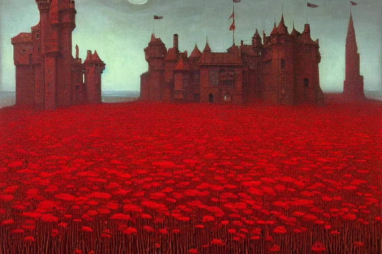 Image similar to only with red, red flowers of different types, a red tiger, a castle in the background, medieval demons dance over the flowers, an ancient path, in the style of beksinski, part by hopper, part by rodcenko, part by hofbauer, intricate composition, red by caravaggio, insanely quality, highly detailed, masterpiece, red light, artstation