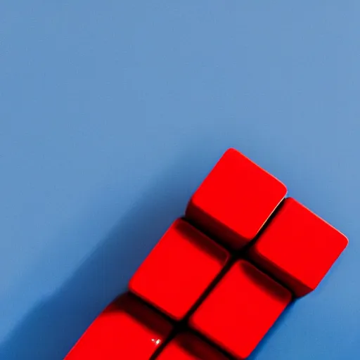 Prompt: Two red cubes on top of three blue spheres