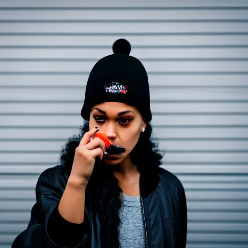 Image similar to Photograph of a mixed woman smoking, wearing a black beanie and black bomber jacket, urban environment, depth of field, 4k, 8k, hd, sigma 85mm f/1.4