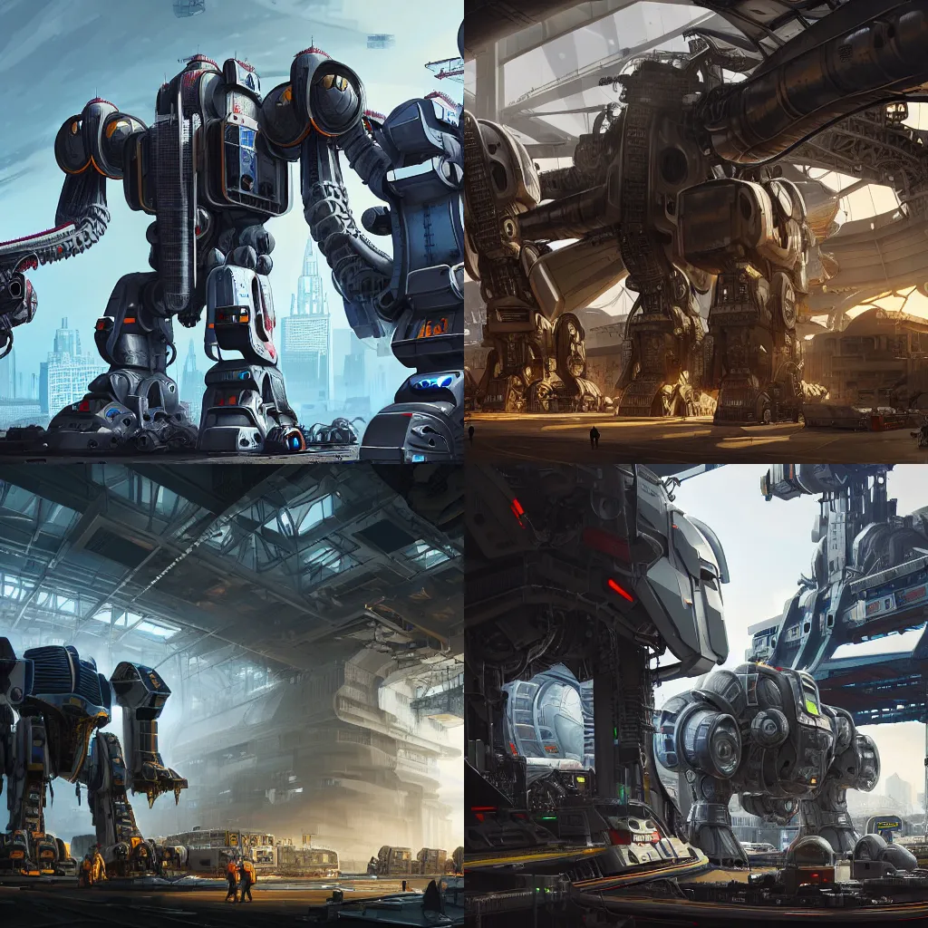 Prompt: busy repair bays of giant mechs, futuristic, automation, highly detailed, artstation, intricate detail, volumetric lighting, hdr, 4 k