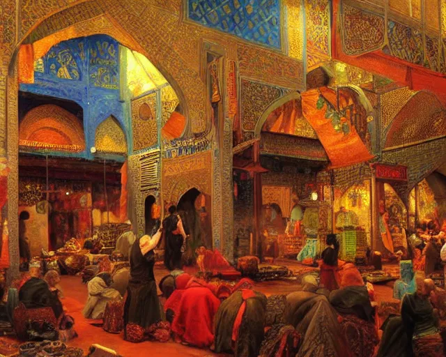 Image similar to an oil painting in the style of orientalism of dragons on display in a dragon auction in the grand bazaar of isfahan by edwin lord weeks, trending on artstation