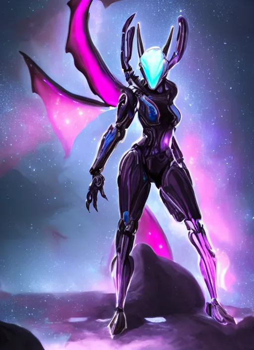 Image similar to cinematic shot, bust, cosmic sized perfectly proportioned stunning beautiful hot female warframe, robot mecha female dragon head, silver armor, fuschia leds, floating in empty space, nebula sized, holding a galaxy, epic proportions, epic size, epic scale, furry art, dragon art, giantess art, warframe fanart, furaffinity, deviantart