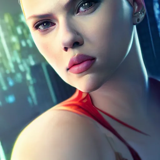 Image similar to scarlett johansson portrait, Cyberpunk 2077, cyberpsycho, photorealistic, ultra detailed, neon, octane, bokeh, cyber, cyberpunk city, feature, scars, cyberface, 8k