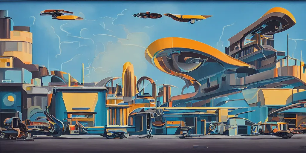 Image similar to art deco style robot factory building flying cars, oil paint on canvas retro future 8k