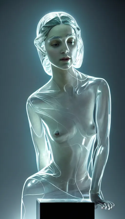 Prompt: transparent glass woman, statue made of glass, daylight, backlit, diffuse lighting, fantasy, intricate, elegant, highly detailed, lifelike, photorealistic, digital painting, artstation, illustration, concept art, smooth, sharp focus, art by john collier and albert aublet and krenz cushart and artem demura and alphonse mucha