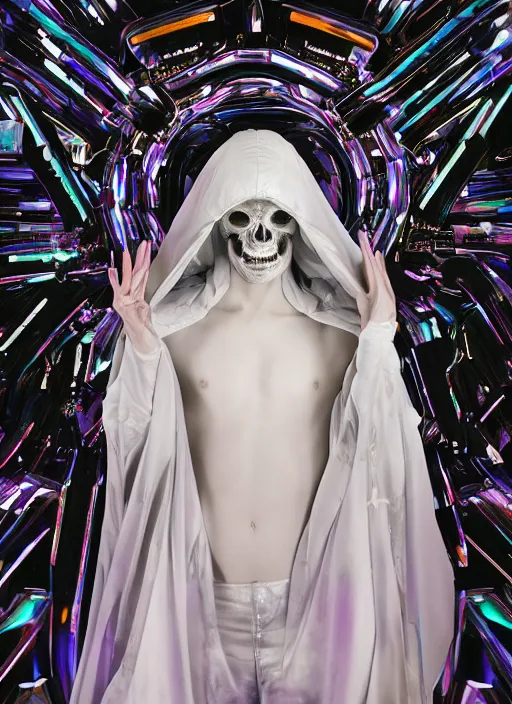 Image similar to photo of fullbodied baroque and bladerunner delicate neon diamond sculpture of seductive onyx albino marble prince zhengyang zhang dotado mint iridescent humanoid deity wearing black plastic trashbag hooded cloak holding hellfire skull in a onyx alien dungeon, reclining, glowing magenta face, crown of white diamonds, cinematic lighting, photorealistic, octane render 8 k depth of field 3 d