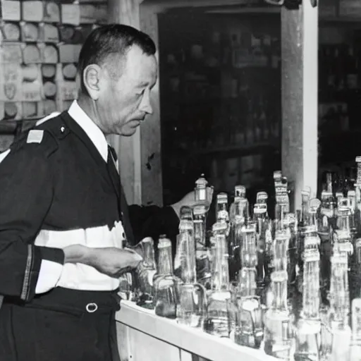 Prompt: a man in a uniform observing the sealing of a number of important looking bottles of spirits