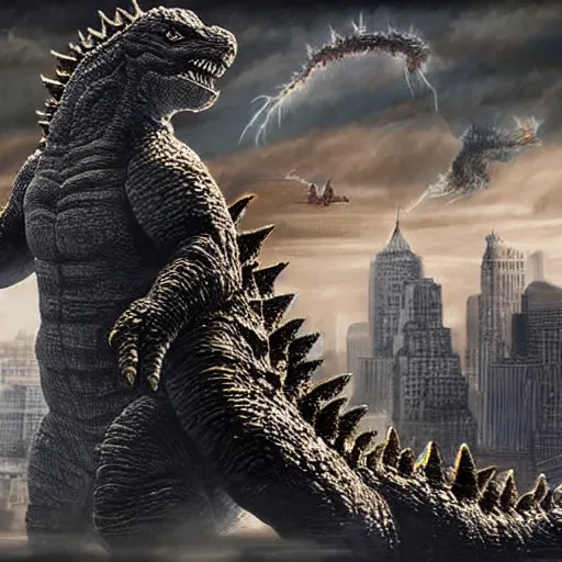 Image similar to Godzilla attacking new york, fantasy art, cinematic, highly detailed, sharp