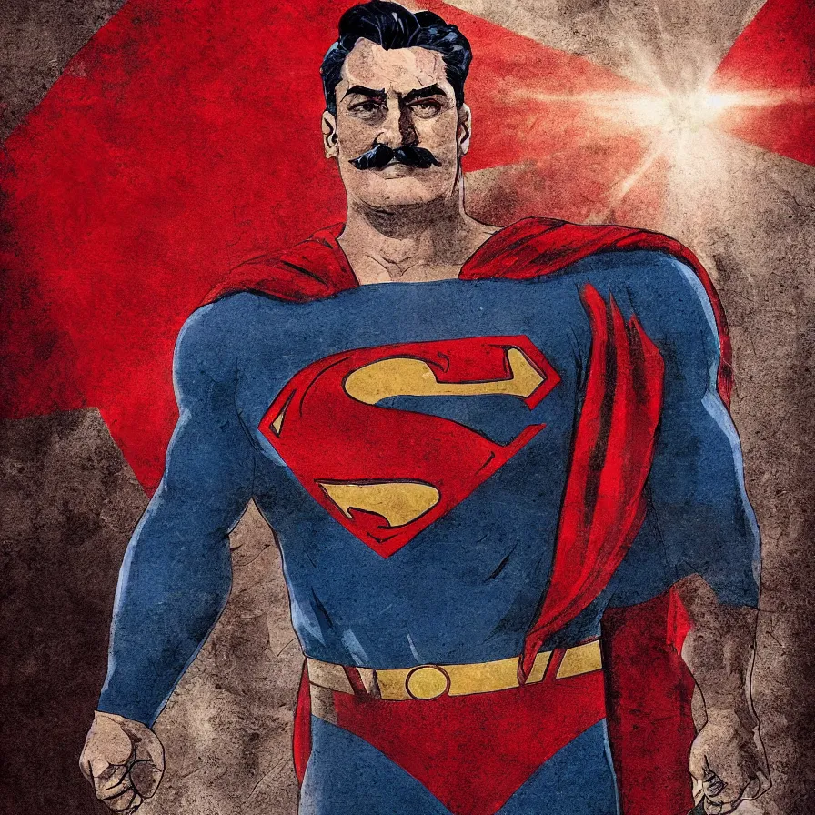 Image similar to stalin as superman, red son, hammer and sickle logo, red square ( moscow ), socialist realism, sovietwave, hyperrealistic, hyperdetailed, intricate digital art, trending artstation, photoshop, rich moody colors, rich moody colors, fan art, concept art, epic comic book style, by robert kirkman