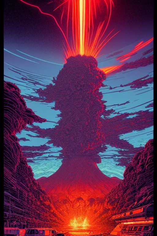 Image similar to artwork by kilian eng and ( dan mumford ) and toshi yoshida and franklin booth showing a gigantic futuristic powerstation!! in front of a ( ( exploding volcano ) ), vintage scifi, high details, dramatic lightning,, 8 k