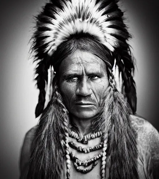 Image similar to Award winning Editorial photo of a Native Iroquois with incredible hair wearing traditional garb by Edward Sherriff Curtis and Lee Jeffries, 85mm ND 5, perfect lighting, gelatin silver process