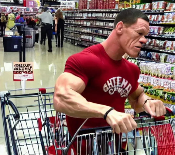 Image similar to a dramatic shot of John cena crying while shopping at HEB