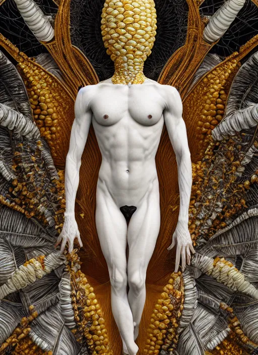 Prompt: a statue made of white marble with gold veins, of corn man, full body shot, perfect symmetrical body, perfect symmetrical face, hyper realistic, hyper detailed, by johannen voss, by peter kemp, by monia merlo, by michelangelo, by ernst haeckel, by alex grey, octane render, blender, 8 k