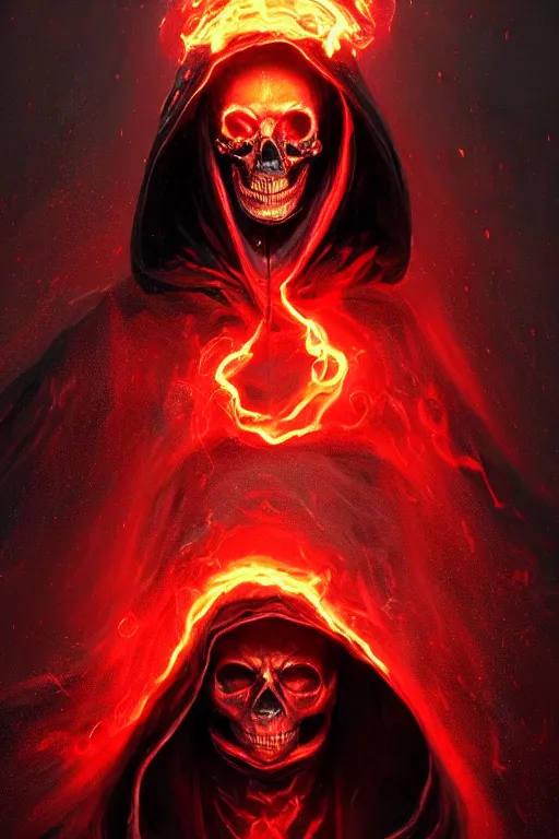 Prompt: A full body portrait of a mysterious character with a flaming skull with a very long hooded blood red and black cloak, tentacles coming out the ground art by Jason Chan and Gilles Beloeil, ominous, cosmic horror, trending on artstation, Ultra detailed, hyper realistic 4k