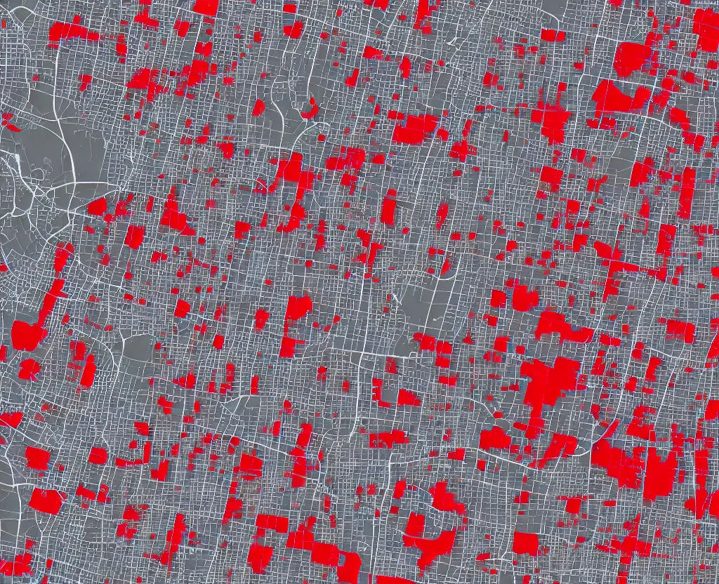 Prompt: multitude of red points on a Vector Taupe on DarkGrey Streets Satellite Map, vector graphics, 8k