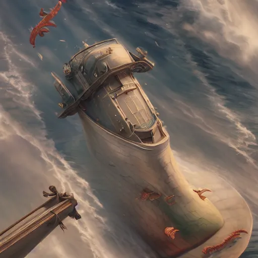 Image similar to subsurface scattering, white, giant submarine, koi colors, no koi, octane render, jesper ejsing, justin gerard, james jean, tomasz alen kopera, cgsociety, fenghua zhong, makoto shinkai, highly detailed, rim light, art, cinematic lighting, very coherent, hyper realism, 8 k