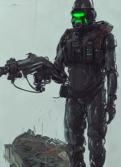 Image similar to Vernon. USN blackops operator infiltrating oil rig. Operator wearing Futuristic cyberpunk tactical wetsuit. Frogtrooper. rb6s, MGS, and splinter cell Concept art by James Gurney, greg rutkowski, and Alphonso Mucha. Vivid color scheme.