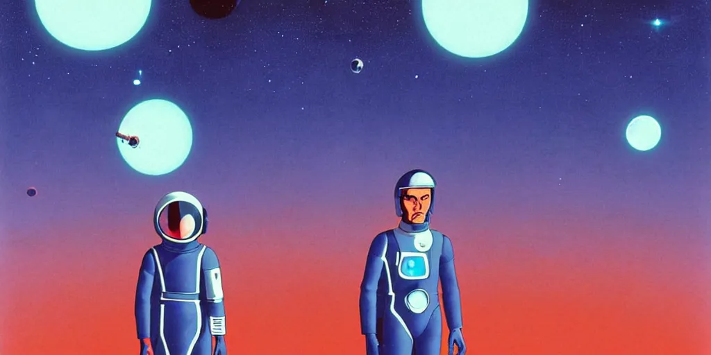 Image similar to a portrait of lonely single Alain Delon alone pilot in spacesuit posing in symmetrical spaceship station planet captain bridge outer worlds hyper contrast in FANTASTIC PLANET La planète sauvage animation by René Laloux