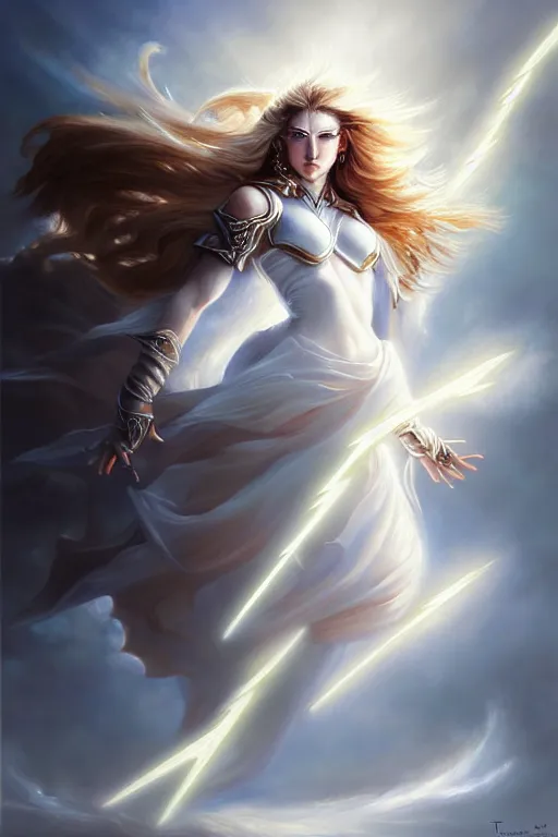 Image similar to oil painting, white, sakimi chan, fantasy armor, detailed face, flying, tony sart, wind, lightning, dramatic lighting