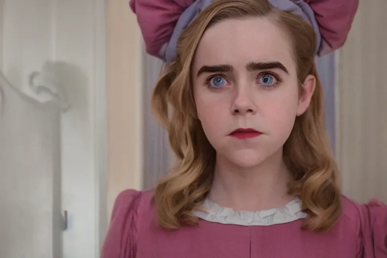 Prompt: wide-shot of Kiernan Shipka as the maid in the new movie directed by Wes Anderson, symmetrical shot, idiosyncratic, relentlessly detailed, pastel, limited colour palette, detailed face, movie still frame, promotional image, imax 70 mm footage