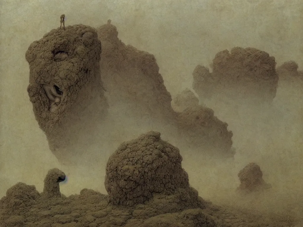 Image similar to Blazing primitive, thick-furred, bearded, evil man with giant reptilian plants on Jupiter a million years ago. Giant wind sculpted marbled boulders, menhirs, fog, spores. Artwork by Beksiński, Lucas Cranach, Moebius