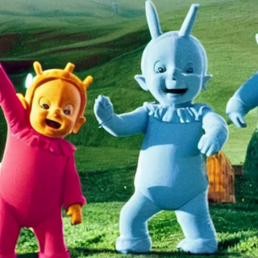 Prompt: teletubbies from the tv shaking hand with the slender man, as seen on tv