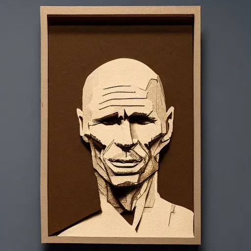 Prompt: Cardboard art representation of Ed Harris, studio lighting, F 1.4 Kodak Portra