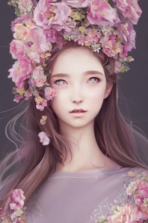 Image similar to romantic and fashion and love princess of the flower with sheath dress, 8 k realistic, teenager girl, baroque, symmetrical, flowing hair, smile, trending pinterest and pixiv, muted colors, hyperrealistic, l close up shot, character concept art, face by kyoung hwan kim, alexandra fomina, ilya kuvshinov