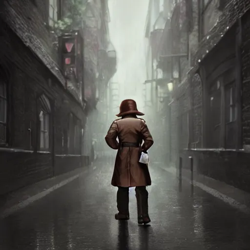 Prompt: halfling private investigator walking down a Victorian rainy alley in a trenchcoat , artstation, detailed, hyper realistic, 8k, digital art, cinematic