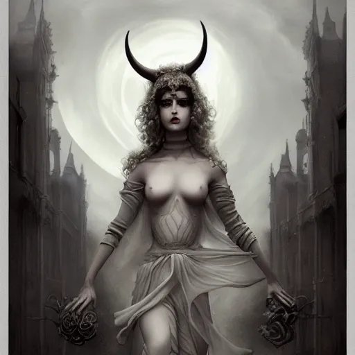 Image similar to By Tom Bagshaw, ultra realist soft painting of zynoid curiosities by night, very beautiful horned single dollpunk gothic fully dressed, symmetry accurate features, very intricate details, ominous sky, black and white, volumetric light clouds