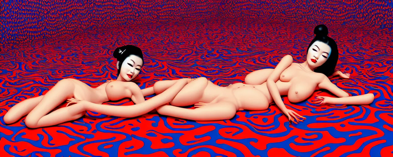 Image similar to realistic detailed image of a geisha laying down in a padded room, conjuring psychedelic background, part by yayoi kusama, part by alex gray, part by ross tran, part by james jean, ultra realistic, highly detailed, life like face, detailed body, 8 k, octane render, trending on artstation, very cohesive, masterpiece