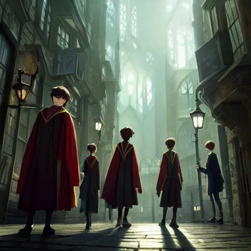 Image similar to a wholesome animation key shot of harry potter students, medium shot, studio pixar and disney animation, sharp, very detailed, high resolution, rendered in unreal engine 5, anime key art by greg rutkowski, bloom, dramatic lighting